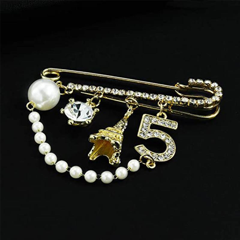 Rhinestone Pearl Number 5 Lapel Pins and Brooches for Women