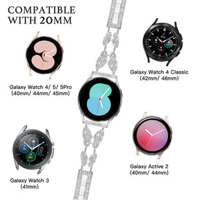 20mm Metal Watchband Butterfly Bling Diamond for Galaxy Watch 3/4/5-Silver