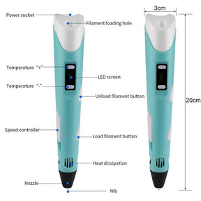 3D Drawing Printing Pen with LCD Screen PLA Filament for Kids-Blue