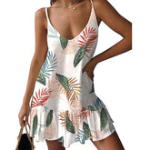 Womens Summer Mini Dress Printed V Neck Spaghetti Strap A-Line Short Sundress-Printed White1