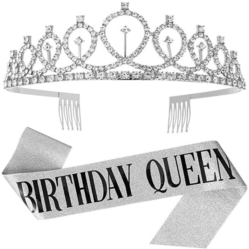 Birthday Girl Sash & Rhinestone Tiara Kit Birthday Gifts Glitter Birthday Sash Birthday Party Favors -Silver