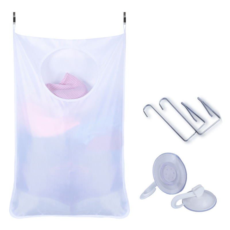 Hanging Laundry Hamper Bag with Free Adjustable Stainless Steel and Suction Cup Hooks - White