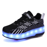 Kids LED Rechargeable Roller Skate Shoes with Double Wheel-Black