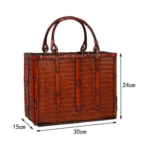 Retro Womens Bamboo Handbag Handmade Large Tote Bag Wicker Storage Basket Bag-Three Bars