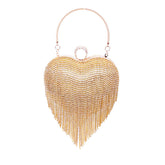 Women Luxury Heart Shape Tassel Evening Clutch Bag Rhinestones Wedding Party Purse-Gold