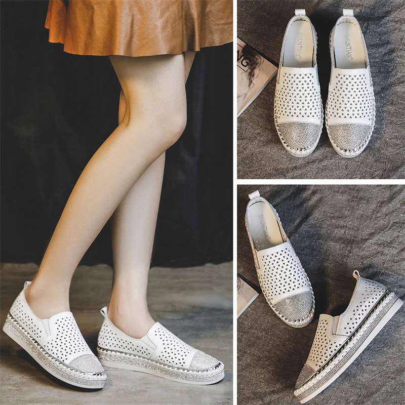 Womens Loafers Glitter Breathable Slip on Flat Sneaker-White