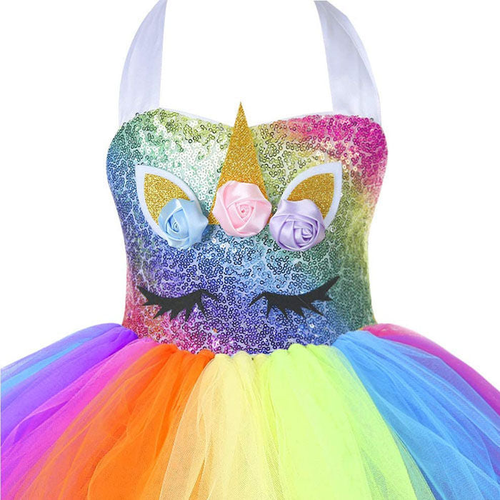 Sequin Unicorn Dress for Girls with Gold Headband Birthday Easter Gifts Dance Dresses-Rainbow