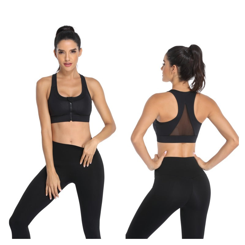 Sports Bra Front Zipper Wide Shoulder Straps Shockproof Yoga Vest -Black