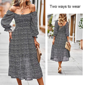 Women Casual Summer Dresses Square Neck Ruffle Floral Boho Maxi Dress-Black