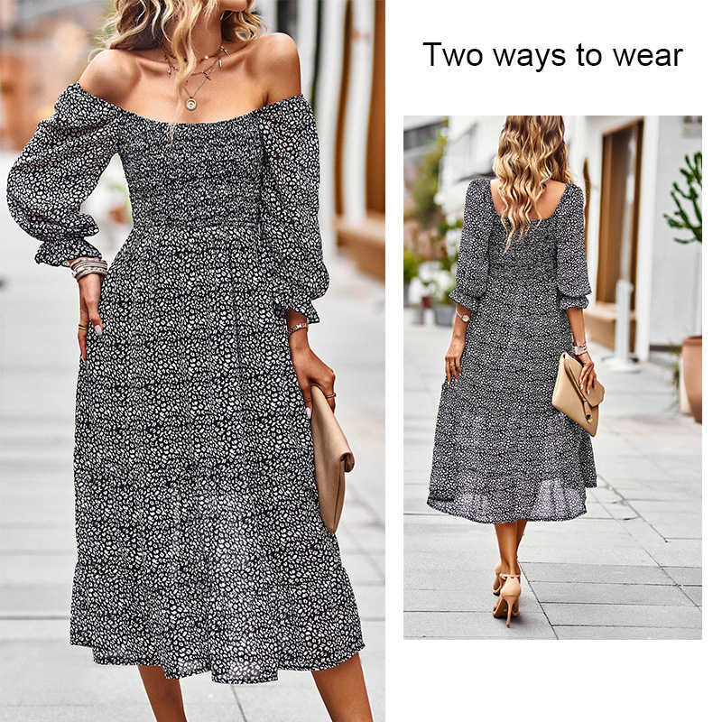 Women Casual Summer Dresses Square Neck Ruffle Floral Boho Maxi Dress-Black