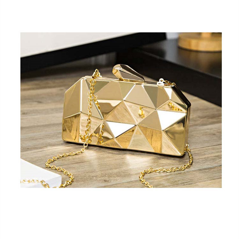 Women Lattice Pattern Metal Handbag Chain Geometric Evening Clutch Purse-Gold