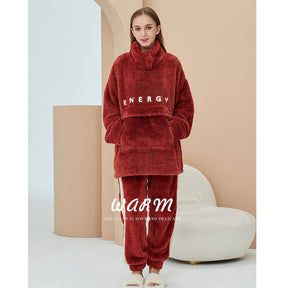 Thickening Coral Fleece Pajamas Set for Women-Red