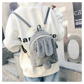 Women Cute Rabbit Ears Backpack Fluffy School Bag Satchel-Grey