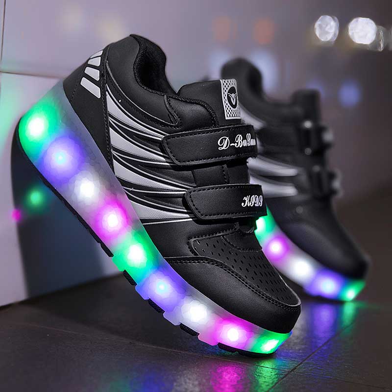 Kids Fashion Roller Shoes with Double Wheel USB Charging-Black