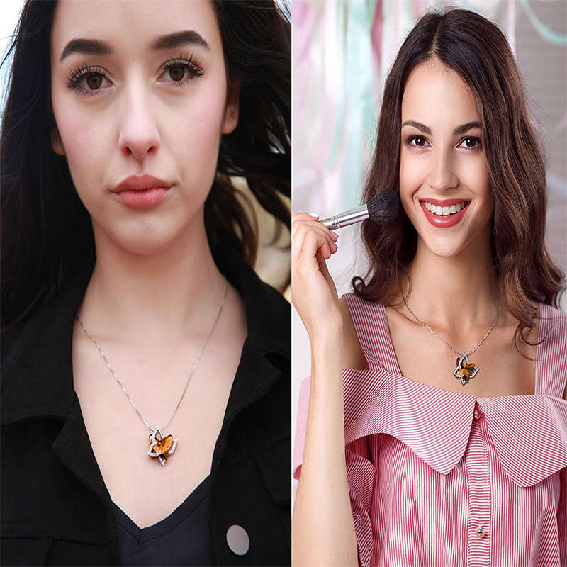 Butterfly Birthstone Crystal Pendant Necklace Gifts for Women Girls-Amber