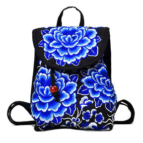 Vintage Embroidered Women Backpack Ethnic Travel Handbag-Blue Porcelain