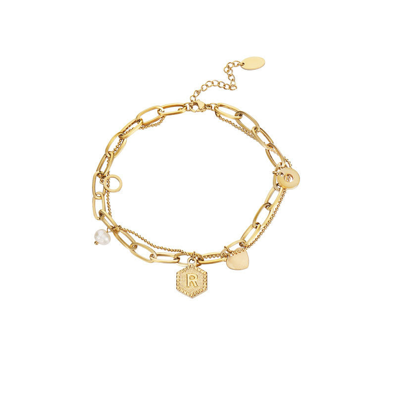 Gold Initial Bracelets for Women Letters Hexagon Pendant Chain-R