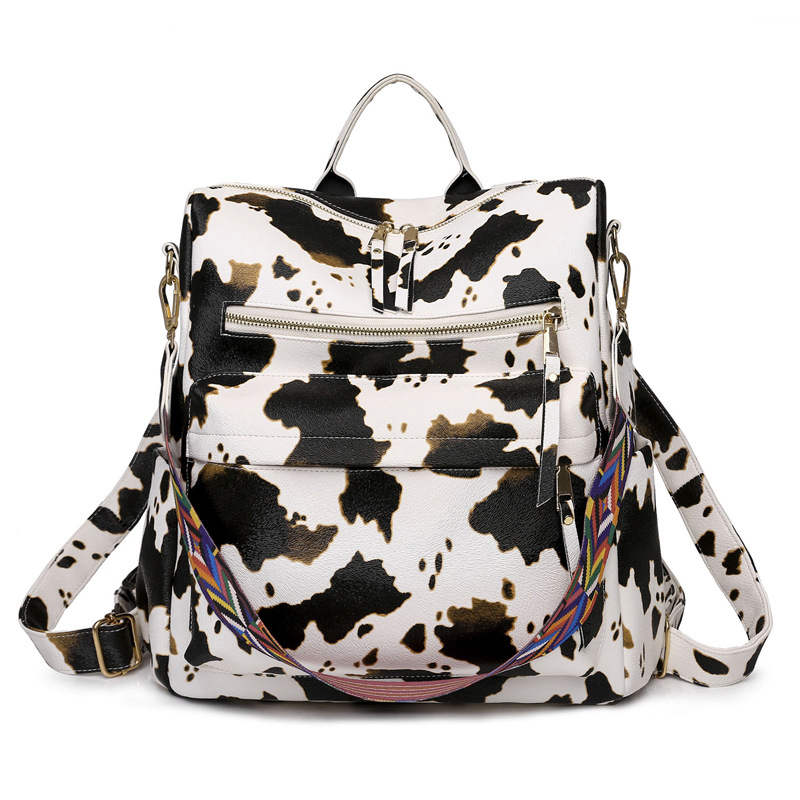 Fashion Backpack Multipurpose Print Leather Travel Shoulder Bag-Beige Cow Pattern