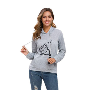 Women Teen Girls Cat Printed Hoodie Sweatshirt Cute Cat Ear Pullover Sweatshirt-Gray