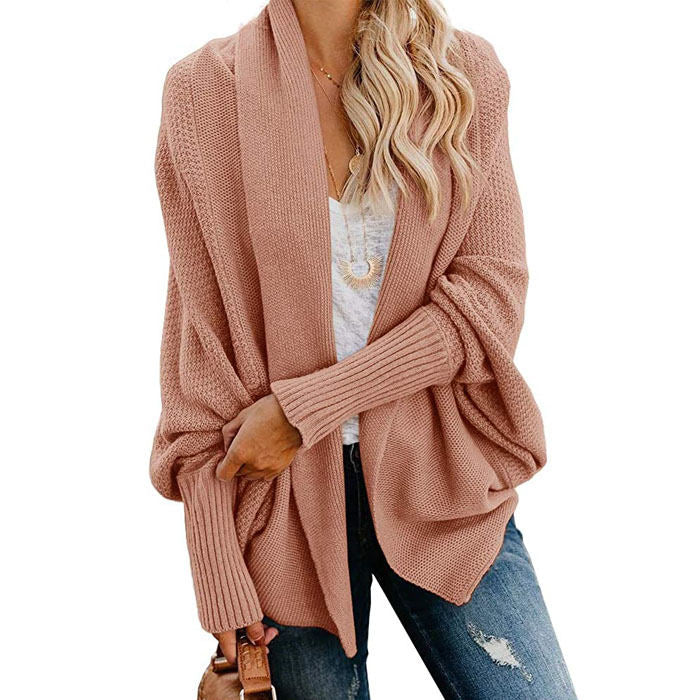 Women's Batwing Knitted Oversized Slouchy Solid Cardigan Sweater Knit Outwear-Pink