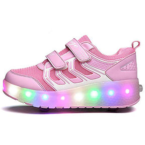 Kids Two Wheels Sneakers with Lights Rechargeable Roller Skates Shoes for Boys Girls-Pink