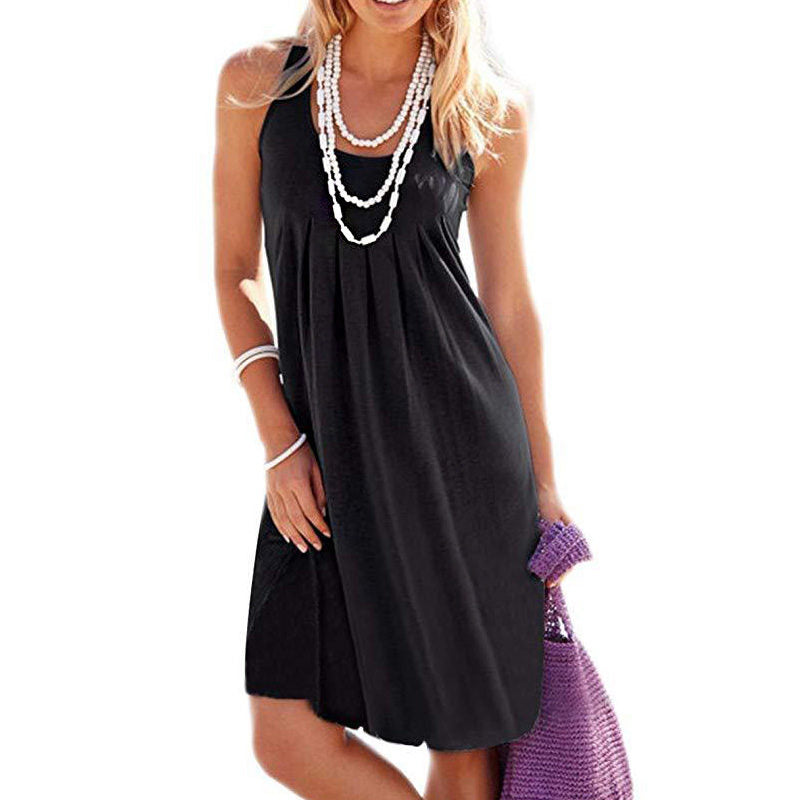 Summer Beach Tank Dresses Sleeveless Tunic Long Dress-Black