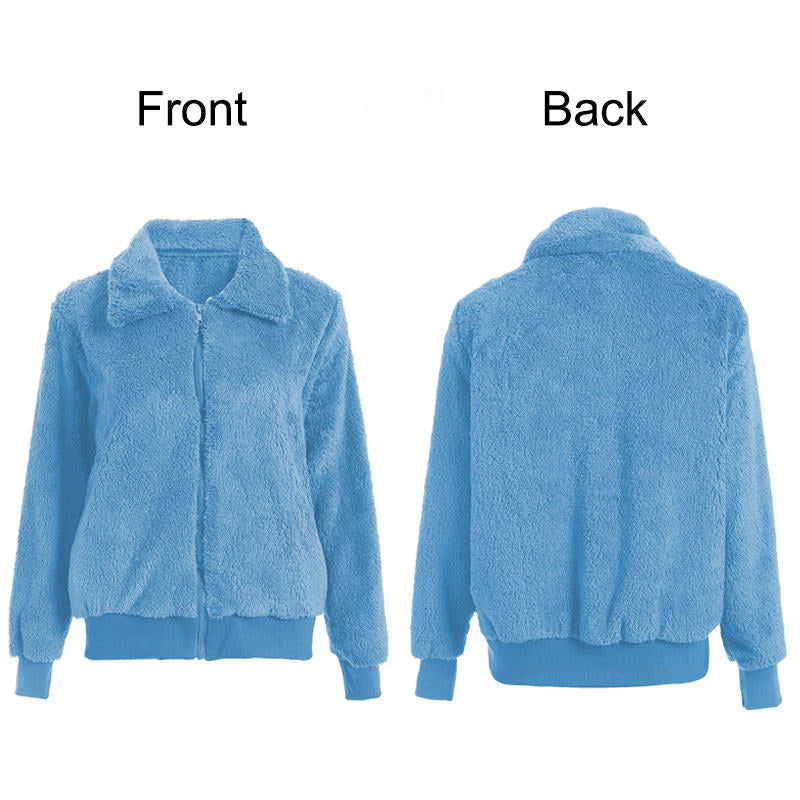 Womens Sherpa Fleece Jackets Lapel Zip Up Winter Warm Crop Outwear-Blue