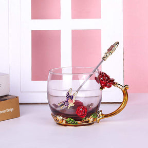 2Pack Enamels Butterfly Flower Tea Cup with Spoon Gifts for Women Wife Mom Her-Red