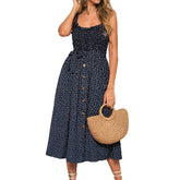 Womens Summer Suspenders Ruffle Polka-dot Printed Dress-DarkBlue