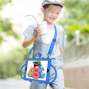 Monkey iPad Case+Neck Strap Cartoon Kids Anti-fall Protective Cover Silicon Stand Handle Case For 7.9inch iPad Mini 1/2/3/4/5-Blue