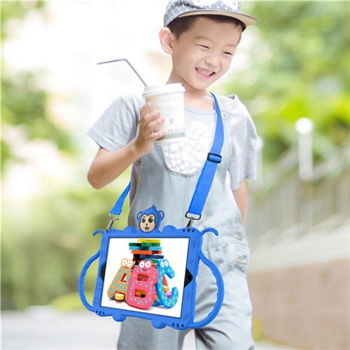 Monkey iPad Case Cartoon Kids Safe Cover Bulit-in Kickstand+Neck Strap Pencil Holder For iPad Pro 10.5inch/iPad Air 10.5inch-Blue
