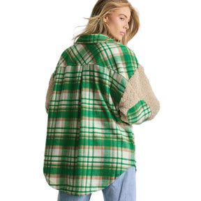 Womens Plaid Jacket Sherpa Patchwork Thickened Oversized Coat-Green