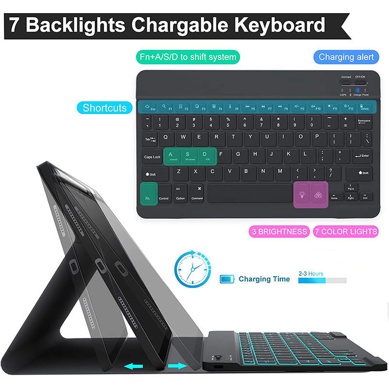 Removable Square Keyboard Case For iPad 7 Color Backlit with Pen Slot Wireless BT Lightweight Case-Black