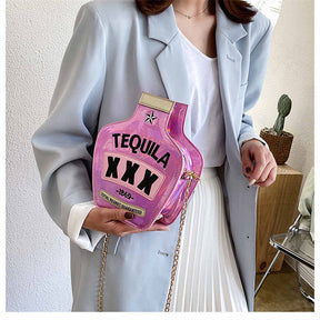 Tequila Bottle Shaped Laser Shoulder Handbags PU Crossbody Purse for Women-Pink