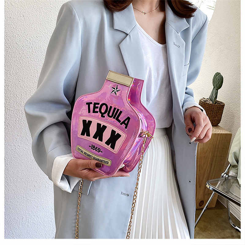 Tequila Bottle Shaped Laser Shoulder Handbags PU Crossbody Purse for Women-Pink
