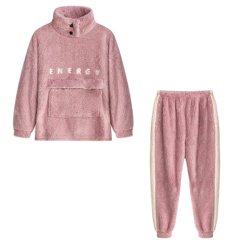 Thickening Coral Fleece Pajamas Set for Women-Pink