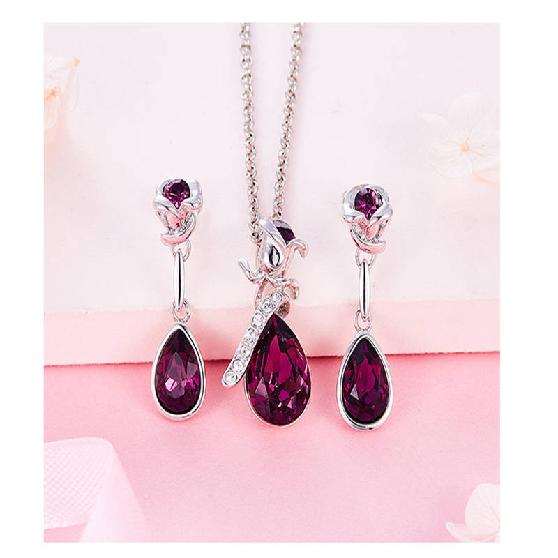 Rose Crystal Necklace and Earrings Set for Mom Wife-SilverPurple