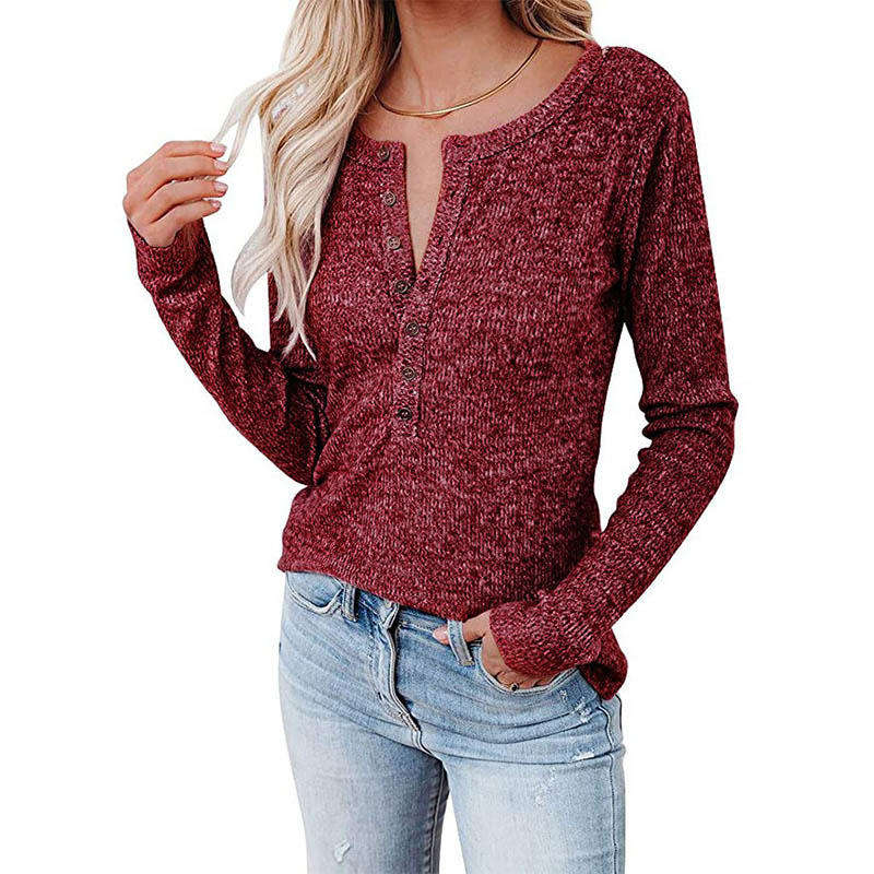 Womens Long Sleeve Tops Pullover with Buttons Down Casual Loose Fit-WineRed
