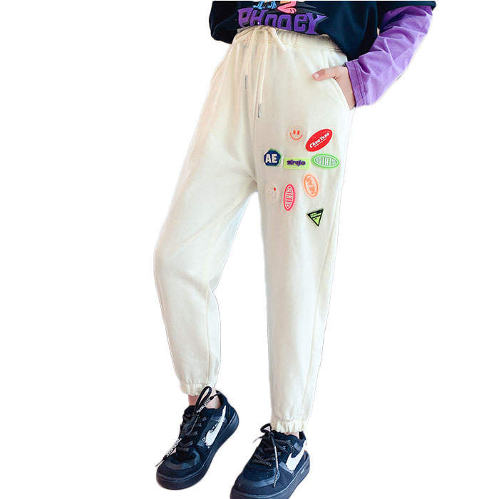 Girls Joggers Long Pants Pockets Outdoor Casual Trousers with Drawstring Icon-Beige