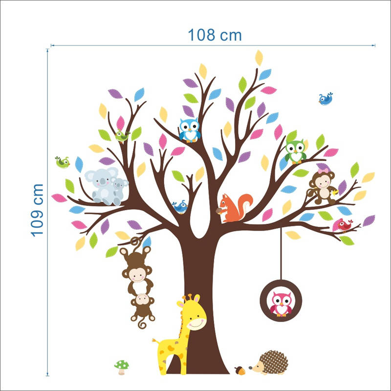 Removable Creative Brown Tree Cartoon Monkey Owls Koala Home Art Decor Wall Stickers for Kids Room