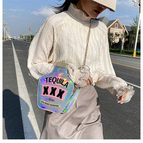 Tequila Bottle Shaped Laser Shoulder Handbags PU Crossbody Purse for Women-Sliver