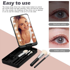 Folding Touch LED Makeup Mirror Lockable Jewelry Display Box Necklace Earing Storage Case 10X Magnifying Mirror Black