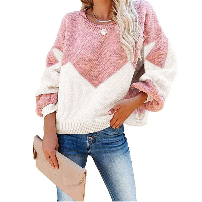 Womens Color Block Loose Knit Pullover Sweater Lantern Sleeve-Pink