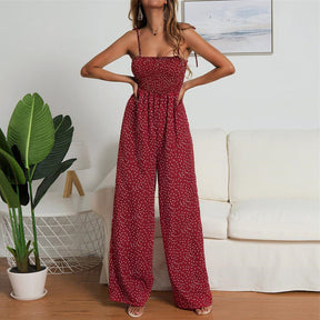 Ladies Polka Dot Spagettic Strap Wide Leg Jumpsuits-Red