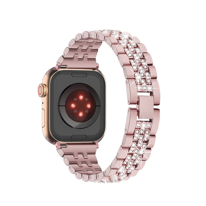 Metal Watchband with Rhinestone Adjustable for iWatch Series SE 7 6 5 4 3 2 1-Rose Pink