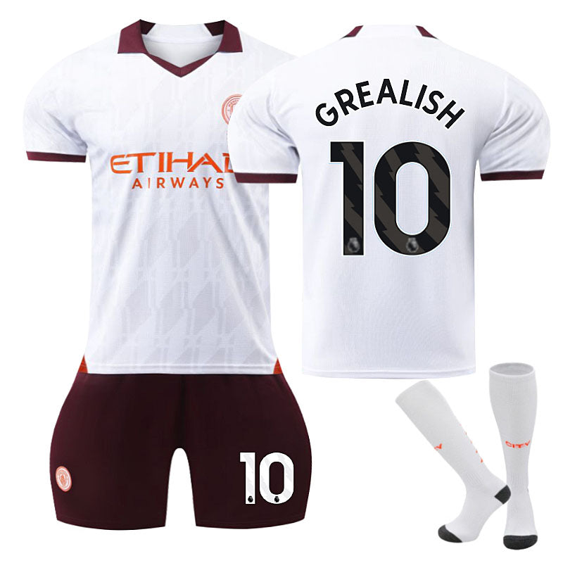 Manchester City Away Jersey GREALISH #10 Soccer Jersey Kids Adult 3Pcs Jersey Kits-Brown