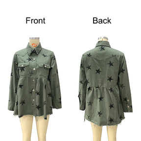 Star Print Jacket for Women Frayed Hem Distressed Denim Coat-Green