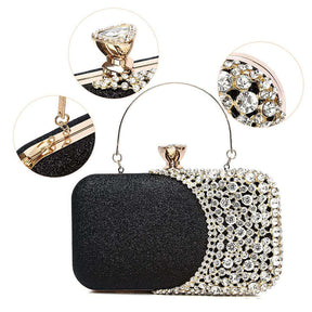 Womens Crystal Evening Clutch Bag Wedding Purse Party Bag-Black