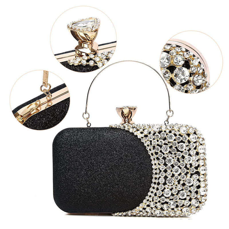 Womens Crystal Evening Clutch Bag Wedding Purse Party Bag-Black