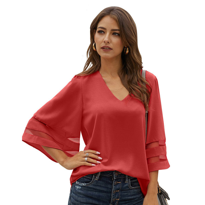 Womens V Neck 3/4 Sleeve Blouse Mesh Panel Shirt Solid Flowy Loose Top-Red